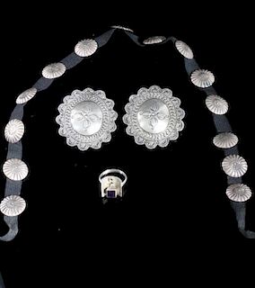 Sterling Silver Concho Hat band, Earrings and Ring