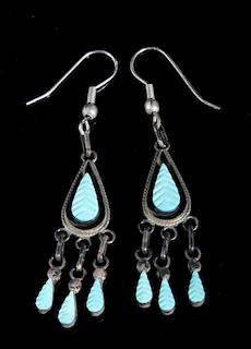 Vintage Hand Carved Feather Turquoise Earrings