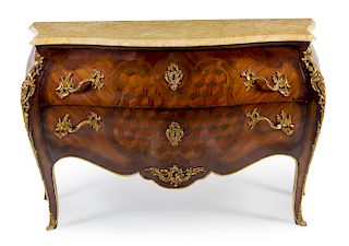 A Louis XV Style Gilt Metal Mounted Marquetry and Parquetry Commode Height 33 x width 49 x depth 18 3/4 inches.