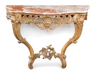 A Rococo Style Giltwood Console Table Height 33 1/2 x width 44 x depth 21 inches.