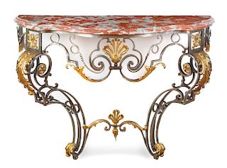 A Neoclassical Style Gilt Metal Mounted Steel Console Table Height 38 1/2 x width 53 x depth 20 1/2 inches.