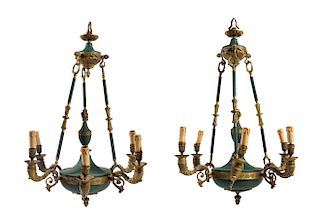 A Pair of Empire Style Gilt and Patinated Metal Six-Light Chandeliers Diameter 24 3/4 inches.