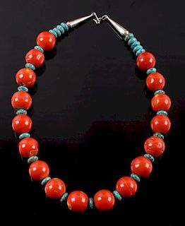 Navajo Bamboo Coral and Turquoise Nugget Necklace