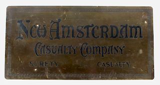 New Amsterdam Casualty Co. Brass Sign