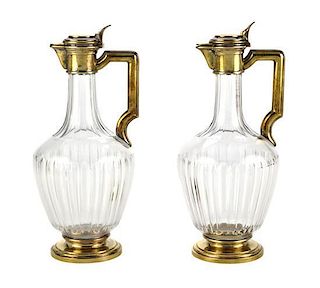 Pair of French Silver-Gilt-Mounted Cut-Glass Ewers, Late 19th/Early 20th Century, Height 8 1/4 inches.