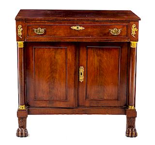 A Regency Gilt Metal Mounted Mahogany Cabinet Height 36 x width 36 1/4 x depth 20 inches.