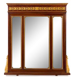 A Louis XVI Style Parcel Gilt Mahogany Dresser or Overmantel Mirror Height 55 inches.