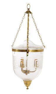An Empire Style Brass and Glass Three-Light Hall Lantern Height 36 inches.