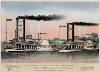* CURRIER and IVES, publishers. The Great Race on the Mississippi from New Orleans to St. Louis, 1210 Miles. New York, 1870.
