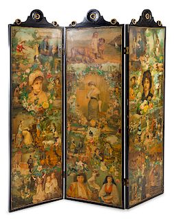 A Victorian Decoupage Three-Panel Screen Height 79 1/4 x width of each panel 24 1/2 inches.