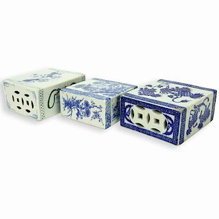 3 Chinese Blue & White Porcelain Opium Pillows