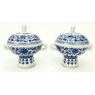 Pair Chinese Blue & White Porcelain Covered Bowls