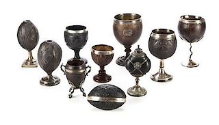 A Group of Ten Coconut and Metal-Mounted Vessels, 18th Century, Height of tallest 7 1/2 inches.
