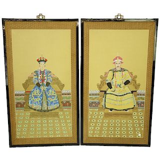 Pair of Chinese Ink and Color Silk Scroll Painting