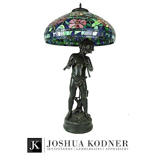 After A. Moreau Flutist Bronze Tiffany Style Lamp
