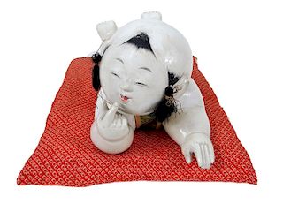 Antique Japanese Papier Mache Doll w/ Silk Pillow