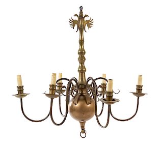 * A Dutch Baroque Style Brass Six-Light Chandelier Height 27 x diameter 28 inches.