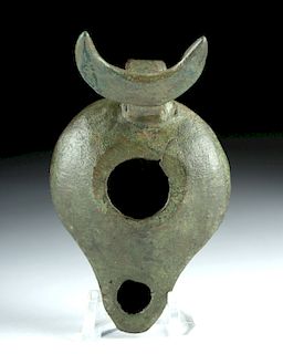 Roman Bronze Oil Lamp with Crescent Moon Handle