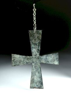 Large Byzantine Bronze Cross with Stippled Design