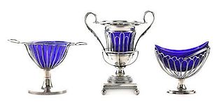 A Group of Three Silver-Plate and Cobalt Glass-Lined Sugar Baskets, Late 18th/Early 19th Century, Height of tallest 9 inches.