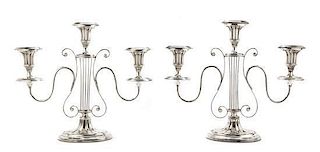 A Pair of Sheffield-Plate Three-Light Candelabra, Early 19th Century, Height 13 inches.