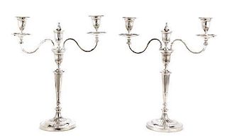 A Pair of Sheffield Plate Two-Light Candelabra, Late 18th Century, Height 16 3/4 inches.