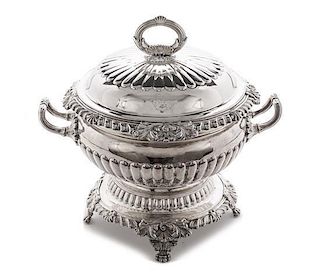 A Sheffield Plate Soup Tureen, Circa 1820. Length over handles 14 1/2 inches.