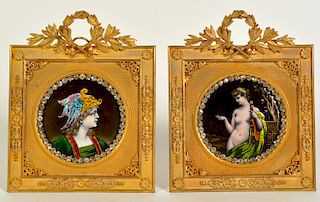 2 French Enameled Miniature Portraits in Bronze
