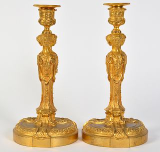 Pr. Gilded & Chiselled Bronze Candlesticks