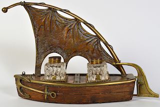 Bronze & Wood Sailboat Ink Stand Mid 20th c.