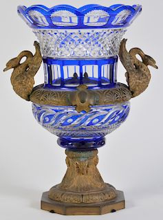 Large Bronze Mounted Cobalt Cut to Clear Vase