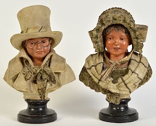 2 German Terracotta Busts of Boy & Girl