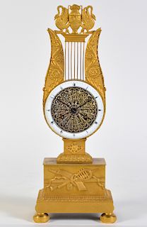 Empire Style Gilt Bronze Lyre Mantel Clock