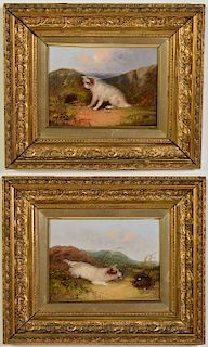 2 Oil Paintings of Dog Chasing Rabbit O/C