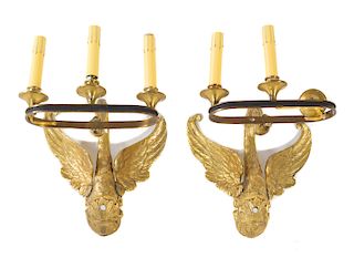 A Pair of Empire Style Gilt Metal Three-Light Wall Lights Height 14 inches.