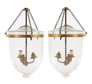 Two Empire Style Gilt Metal and Glass Hall Lanterns Height 41 inches.