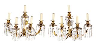 A Pair of French Gilt Bronze Five-Light Wall Lights Height 15 x width 20 inches.
