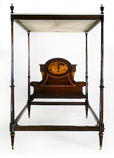 A Portuguese Neoclassical Mahogany and Fruitwood Marquetry Bed Height of post 97 inches; width of headboard 65 inches.