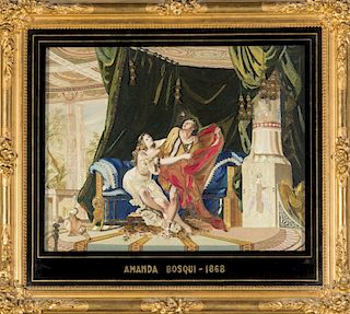 "Joseph and Putifar's wife", embroidered silk panel, circa  "José y la mujer de Putifar", panel bordado en seda, hacia 