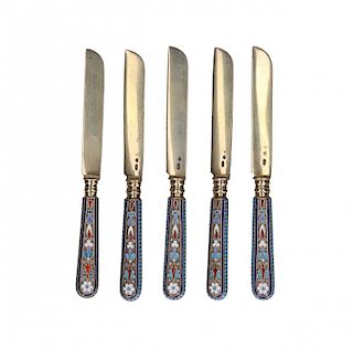 Set of five Russian knives in "cloisonné" enamelled silver, Juego de cinco cuchillos rusos en plata esmaltada en "clois