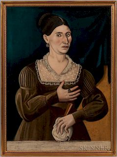 American School, Early 19th Century  Portrait of a Woman in an Olive Green Dress Holding a White Cloth