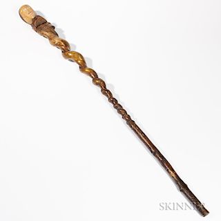 Carved and Polychrome Painted Staff with Head