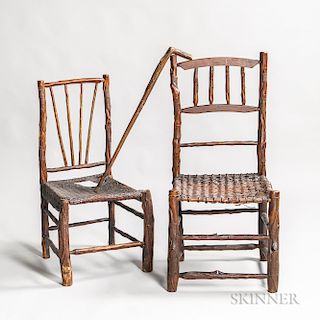 Two Carved Chairs with Alligator Motifs and a Similarly Carved Alligator Cane