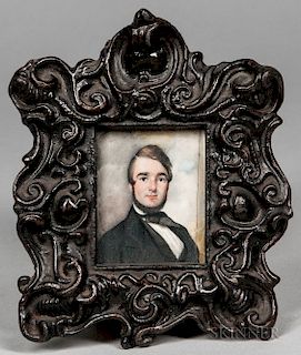 American School, 19th Century  Miniature Portrait of a Man in a Black Jacket