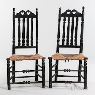 Pair of Black-painted Double Heart and Crown Bannister-back Chairs