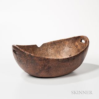 Large Carved Burl Bowl with Pierced Handles