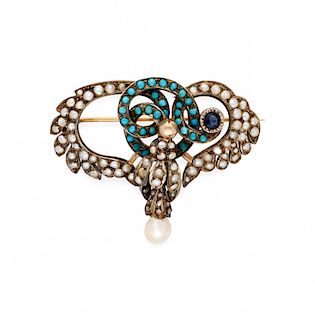 Pearls and turquoises brooch, 19th Century  Broche de perlas y turquesas, del siglo XIX
