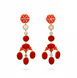 Coral and diamonds long earrings Pendientes largos de coral y diamantes