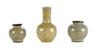 A Group of Three Glazed Pottery Vessels, Height of tallest 4 1/4 inches.