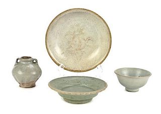 A Group of Four Celadon Glazed Pottery Articles, Diameter of largest 6 1/4 inches.